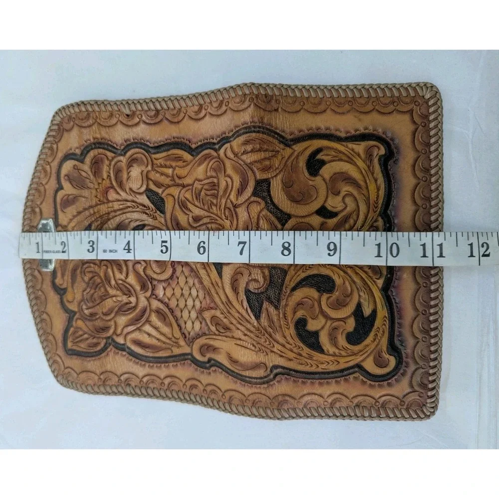 Brown Vintage Trifold Leather Wallet Billfold Tooled Whipstitch Metal‎ Clasp